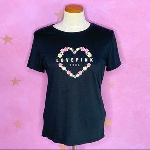 Pink Black Floral Heart Logo Print Crew Neck T Shirt Size M